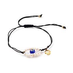 Blue Adjustable Nylon Thread Braided Bead Bracelets, with 304 Stainless Steel Hamsa Hand Charms and Evil Eye Natural Freshwater Shell Beads, Evil Eye Lampwork Round Beads, Blue, Inner Diameter: 1-1/2~4 inch(3.8~10.2cm)