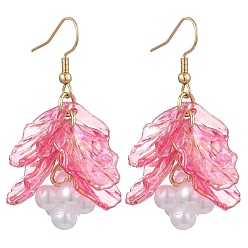 Темно-Розовый Акриловые серьги-листья, с 304 нержавеющей стали серьги крючки, с имитацией жемчуга, золотые, темно-розовыми, 49 мм