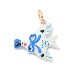 Blue Brass with Enamel Pendants, Dove with Bowknot Charms, Golden, Blue, 17x17x3.5mm, Hole: 4mm