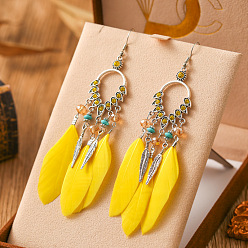 Желтый Серьги-люстры из сплава горного хрусталя в форме капли, с пером, античное серебро, желтые, 122 мм