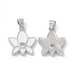Белый Подвески из латуни с эмалью в стойку, микропейв прозрачный кубический цирконий, долговечный, без свинца и без кадмия, платина, очарование лотоса, белые, 19x16x3 мм, отверстие : 4x3.5 мм