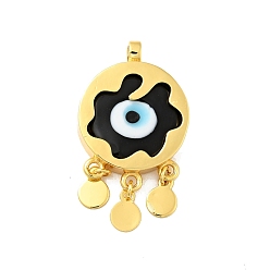 Black Rack Plating Handmade Evil Eye Lampwork Pendants, with Brass Findings, Long-Lasting Plated, Flat Round, Golden, Black, 35~35.5x20x5.5mm, Hole: 3mm