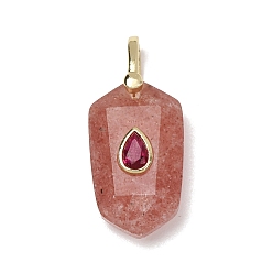 Strawberry Quartz Natural Strawberry Quartz Pendants, Faceted Hexagon Charms with Brass Micro Pave Cubic Zirconia Findings, Golden, 32.5x14.5x9mm, Hole: 4.5x6.5mm