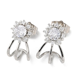 Platinum Brass Rhinestone Stud Earrings with Glass, Flower, Platinum, 17.5x11.5mm