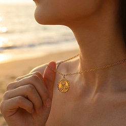 Golden 304 Stainless Steel Embossed Flower Oval Pendant Necklaces for Women, Golden, 15.75 inch(40cm)
