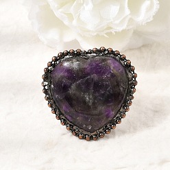 Amethyst Natural Amethyst Cuff Open Rings, Heart, Brass Rings, Red Copper, 35.5x35.5mm, US Size 8 1/2(18.5mm)