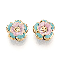Бледно-Розовый Ионное покрытие (IP) 304 шарики из эмали из нержавеющей стали, цветок, с блеском порошок, реальный 18 k позолоченный, розовый жемчуг, 12x13x7 мм, отверстие : 1.2~1.4 мм