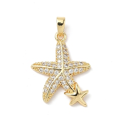 Настоящее золото 18K Латунные микро проложить кубического циркония подвески, морская звезда, реальный 18 k позолоченный, 24x17.5x3 мм, отверстие : 2.8x4 мм