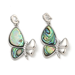 Real Platinum Plated Brass Micro Pave Clear Cubic Zirconia Pendants, with Paua Shell, Butterfly Charms, Real Platinum Plated, 27.5x19x4mm, Hole: 4x3mm