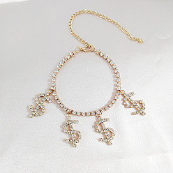 Золотой Знак доллара сплав кристалл горный хрусталь подвески браслеты на ногу для женщин, золотые, 12-3/4 дюйм (325 мм)