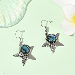 Star Paua Shell and 304 Stainless Steel Dangle Earrings, Star, 25.5x27mm