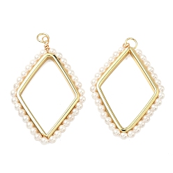 Настоящее золото 18K Подвески из АБС-пластика с жемчугом, ромбовидный шарм, с латунным, долговечный, стойки покрытие, без свинца и без кадмия, реальный 18 k позолоченный, 40x28x3 мм, отверстие : 3.5 мм, Перейти кольцо: 5x0.8 мм