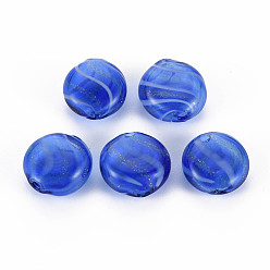 Royal Blue Transparent Handmade Blown Glass Globe Beads, with Glitter Powder, Stripe Pattern, Flat Round, Royal Blue, 15~16x7~8mm, Hole: 1~2mm