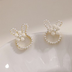 Floral White Alloy Imitation Pearl Plastic Rabbit & Flower Stud Earrings for Women, Golden, Floral White, 25mm