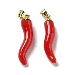 Red Handmade Lampwork with Brass Pendants, Horn of Plenty Charms, Red, 26.5x6.5x6.5mm, Hole: 5x3.5mm