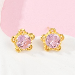 Золотой 925 стерлингового серебра кубического циркония серьги стержня, цветок, золотые, 7.5x8 мм