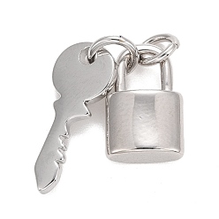 Платина Стойки обшивки латунные подвески, с прыжковых колец, долговечный, без свинца и без кадмия, Замок и ключ, платина, 19 мм, Перейти кольцо: 4.6x0.8 мм, 3 мм внутренним диаметром, заблокировать: 12x7.5x3.5 мм, Ключ: 16x6.5x1 мм