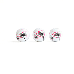 White Valentine's Day Printed Wood Beads, Round with Dandelion Pattern, White, 16mm