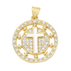 White Religion Cross Brass Micro Pave Clear Cubic Zirconia Pendants, Flat Round Charms with Enamel, Lead Free & Cadmium Free, Long-Lasting Plated, Rack Plating, Real 18K Gold Plated, White, 24x22x2mm, Hole: 5x3.5mm