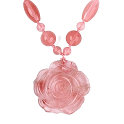 Cherry Quartz Glass Cherry Quartz Glass Flower Pendant Necklaces, with Stainless Steel Clasps, Stainless Steel Color, 18.50 inch(47cm)~20.67 inch(52.5cm)