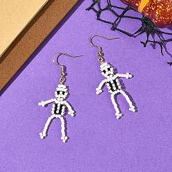 Skull Halloween Glass Seed Bead Dangle Earrings, 304 Stainless Steel Dangle Earrings for Women, Golden, Skull, 59~61x20~23mm