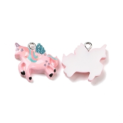 Pink Непрозрачные подвески смолы, с блестящей пудрой и железными петлями платинового тона, очарование единорога, красочный, 19x19.5x5 мм, отверстие : 2 мм