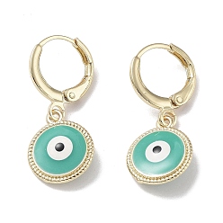 Turquoise Golden Brass Dangle Leverback Earrings, with Enamel, Evil Eye, Turquoise, 26.5x11mm