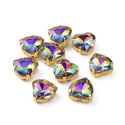 Вулкан Сердце пришить стразами, граненый стеклянный горный хрусталь, многожильных ссылки, с оправой из латуни золотистого цвета со стразами, вулкан, 12x12x6 мм, отверстие : 1 мм