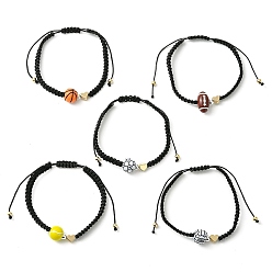 Mixed Shapes Sport Theme Acylic & Brass Heart Braided Bead Bracelet, Nylon Thread Adjustable Bracelet, Mixed Shapes, Inner Diameter: 2-1/8~4-1/4 inch(5.3~10.8cm)