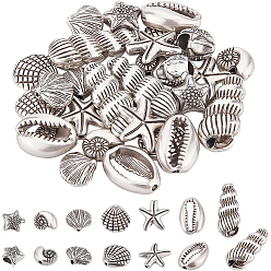 Antique Silver 28Pcs 7 Style Tibetan Style Alloy Beads, Ocean Theme, Mix-shaped, Antique Silver, 10~24.5x9.5~14x3.5~9mm, Hole: 1.2~4mm, 4pcs/style
