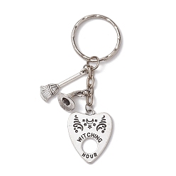 Antique Silver & Platinum Halloween Alloy Keychains, with Iron Split Key Rings, Heart, Antique Silver & Platinum, 7.7cm