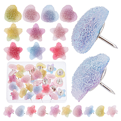 Mixed Color Drusy Plastic Push Pins, Thumbtack, with Steel Pin, for Home School Office Notice Board Cork Board, Heart & Star, Mixed Color, 15~17x16.5~18mm, 30pcs/box