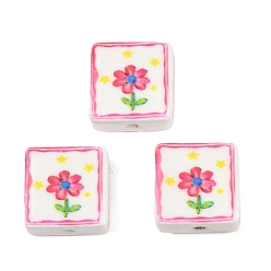 Светло-Вишневый Печатные ручной фарфоровые бусы, площадь с цветочным узором, светло-вишневый, 15~15.5x15~15.5x7.5~8 мм, отверстие : 2 мм