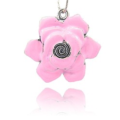 Pink Accessoires collier pendentif de fleurs belles, Pendentifs en émail , argent antique, rose, 45x46x6mm, Trou: 3mm