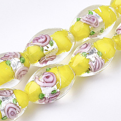 Желтый Ручная серебряная фольга стеклянные бусины Lampwork, овальные с цветком, желтые, 16~17x9~11 мм, отверстие : 1.5~2 мм