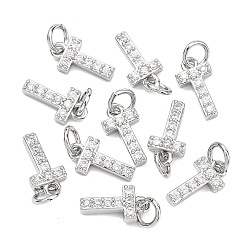Letter T Colgantes Shegrace de latón con microengaste de circonitas cúbicas transparentes, sin níquel, 925 chapado en plata de ley, Dijes de la letra t, 12x6.5x2.5 mm, anillo de salto: 5x1 mm, diámetro interior: 3 mm