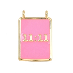 Pink Латунь эмаль подвески, прямоугольник с подвесками-цифрами, без свинца и без кадмия, долговечный, реальный 18 k позолоченный, стойки покрытие, розовые, 18.5x12x3 мм, отверстие : 1.2 мм