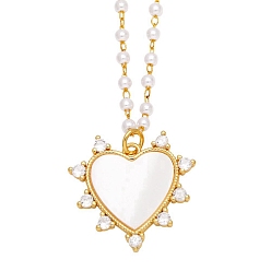 Heart Shell Pendant Necklaces, with 
Brass Micro Pave Cubic Zirconia Finding and Plastic Beads, Heart, 17.72 inch(45cm), Pendant: 23x24mm