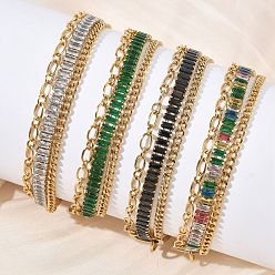 (52) Непрозрачная лаванда 304 Двухслойные браслеты-цепочки из нержавеющей стали и стекла для женщин, прямоугольные, реальный 18 k позолоченный, ионное покрытие (ip), долговечный, разноцветные, 6.65 дюйм (16.9 см)