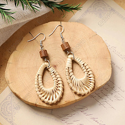 Teardrop Богемные серьги-подвески из дерева и ротанга, сплетенные из разных пород дерева., с кокосом, платина, слеза, 62x28 мм