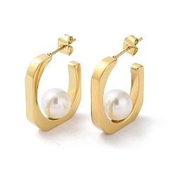 Golden Ion Plating(IP) 304 Stainless Steel Stud Earrings, with Glass Pearl, C-shape, Golden, 24x3mm