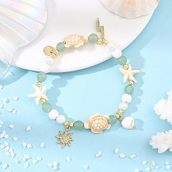 Green Natural Mixed Stone Beaded & Dyed Synthetic Sea Turtle Beads & Sun Charms Bracelets, with 304 Stainless Steel Chain Extenders and Brass Micro Pave Cubic Zirconia Pendants, Green, Inner Diameter: 2.17 inch(5.5cm)