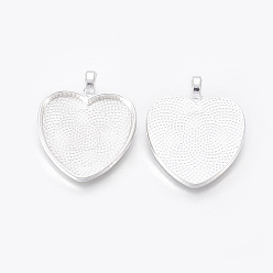 Silver Alloy Pendant Cabochon Settings, Plain Edge Bezel Cups, Heart, Silver Color Plated, 34x27x2.5mm, Hole: 4.5mm, Tray: 25x25mm