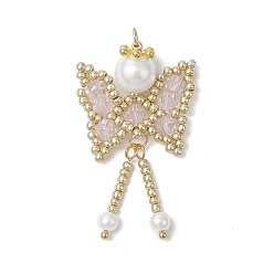 Pink Подвески-бабочки из стеклянного бисера, с 304 кольцами из нержавеющей стали и стеклянной круглой бусиной-жемчужиной, розовые, 41x23x8 мм, отверстие : 3 мм