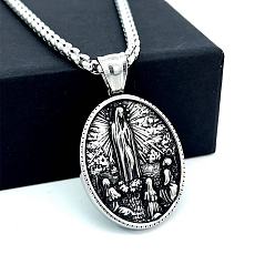 Нержавеющая Сталь Цвет Греческое ретро 304 ожерелье из нержавеющей стали с овальным кулоном в виде Девы Марии, цвет нержавеющей стали