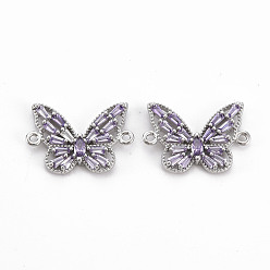 Platinum Brass Cubic Zirconia Links Connectors, Nickel Free, Butterfly, Lilac, Platinum, 13x18x2.5mm, Hole: 1mm