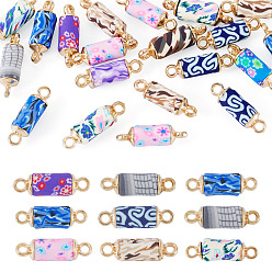 Mixed Color 20Pcs Polymer Clay Column Links Connector Charms, with CCB Double Loops, Golden, Mixed Color, 21~23x6~7mm, Hole: 2mm