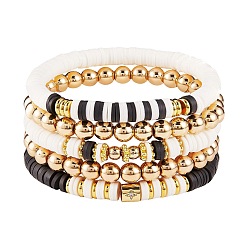 Черный 5шт. 5 стильные браслеты из полимерной глины Heishi Surfer Stretch с синтетическим гематитом, прозрачные кубические циркониевые звезды опрятные браслеты для женщин, чёрные, внутренний диаметр: 2-1/8~2-1/4 дюйм (5.5~5.7 см), 1 шт / стиль