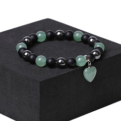 Смешанные камни Браслеты с подвесками из натурального черного обсидиана, синтетического немагнитного гематита и натурального зеленого авантюрина, эластичные браслеты для женщин, сердце