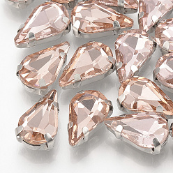 Темный Лосось Шить на горный хрусталь, многожильных ссылки, стекло горный хрусталь, с настройками латуни, аксессуары для одежды, граненые, слеза, платина, темный лосось, 8x5.5x4 мм, отверстие : 0.8~1 мм